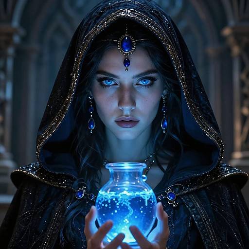 Mysterious woman with glowing blue eyes and dark hooded cloak holds a glowing blue crystal vial in a dim, gothic cathedral. Photograph.