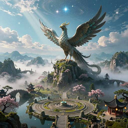 Giant Stone Phoenix Over Mystical Highland Landscape