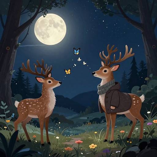 Digital illustration of two anthropomorphic deer, one with a scarf, standing under a full moon in a moonlit forest, surrounded by butterflies and colorful flowers