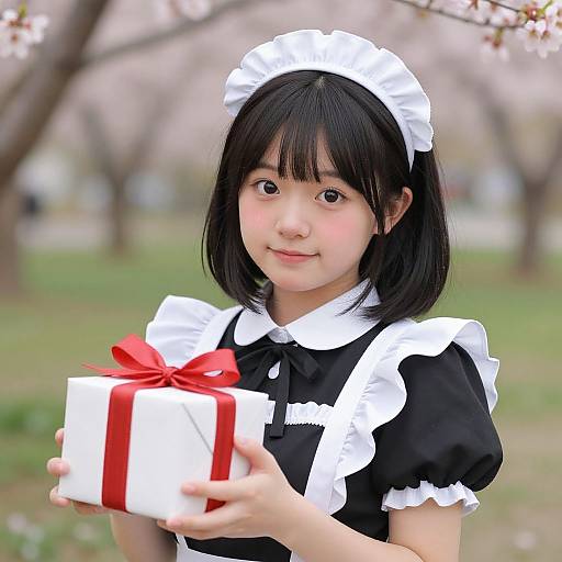 Cheerful Young Maid with Gift Outdoors