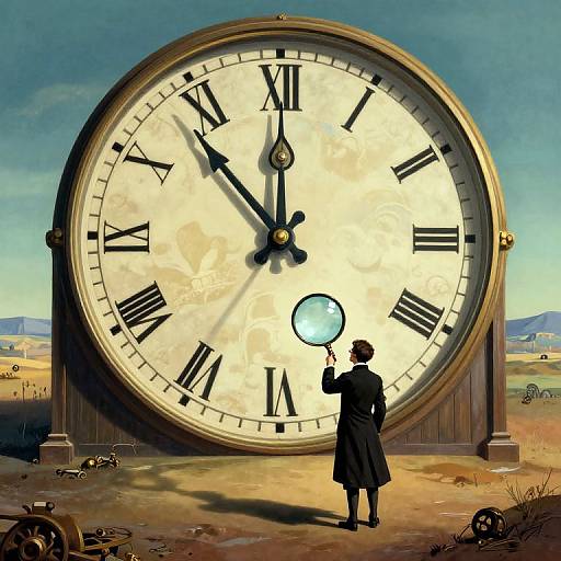 Digital painting of a giant clock face with Roman numerals, a person in a black coat holding a glowing orb, desert landscape, scattered machinery, and