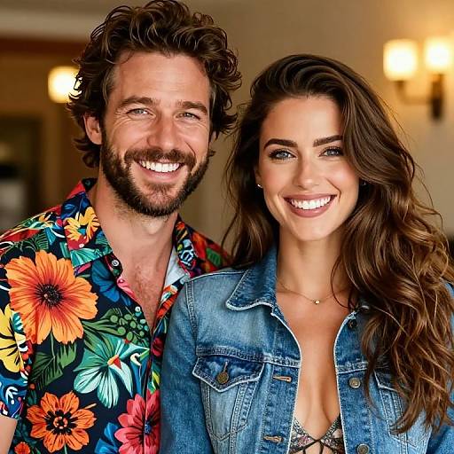Photograph of a smiling, bearded man with curly brown hair in a vibrant floral shirt and a smiling woman with long brown hair in a denim jacket