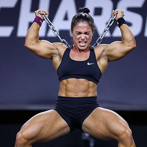 Photograph of a muscular, dark-haired woman in a black sports bra and shorts, squatting with chains overhead, gritting her teeth intensely in a