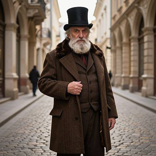 Photograph of an elderly white man with a white beard, black top hat, brown pinstripe overcoat, standing on a cobblestone street