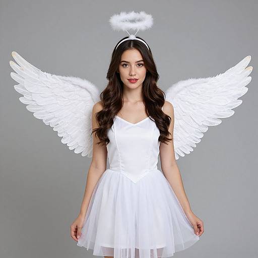 Photograph of a young woman with long dark hair, wearing a white angel dress, halo headband, and white feathered wings, standing against a