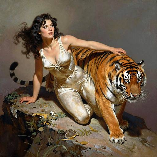 Painting of a curvy, dark-haired woman in a shimmering gold dress, leaning on a rock, with a large, striped tiger beside her