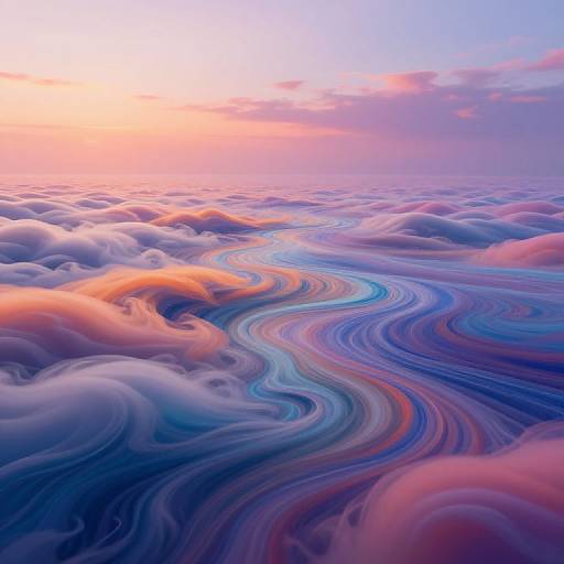 Digital artwork of swirling, colorful clouds in pink, purple, and blue hues, illuminated by a soft, orange sunset sky above.