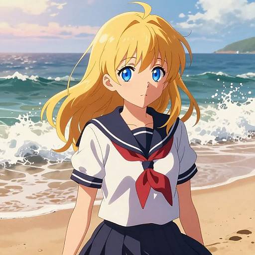 Anime-style digital illustration of a blonde girl with blue eyes in a sailor school uniform, standing on a sunny beach with waves in the background.