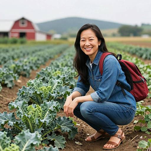 Smiling Asian woman in denim outfit and brown sandals, squatting in kale field with red backpack, near red barn. Photograph.
