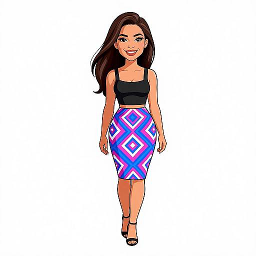 Digital illustration of a smiling woman with long brown hair, wearing a black top and a colorful geometric-patterned skirt, walking towards the viewer.