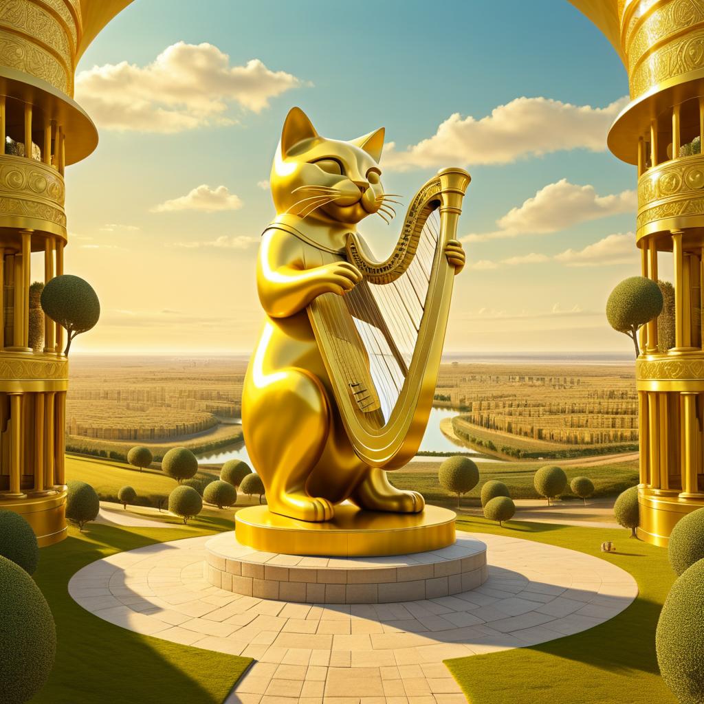 Giant Cat Harp Statue in Surreal Style