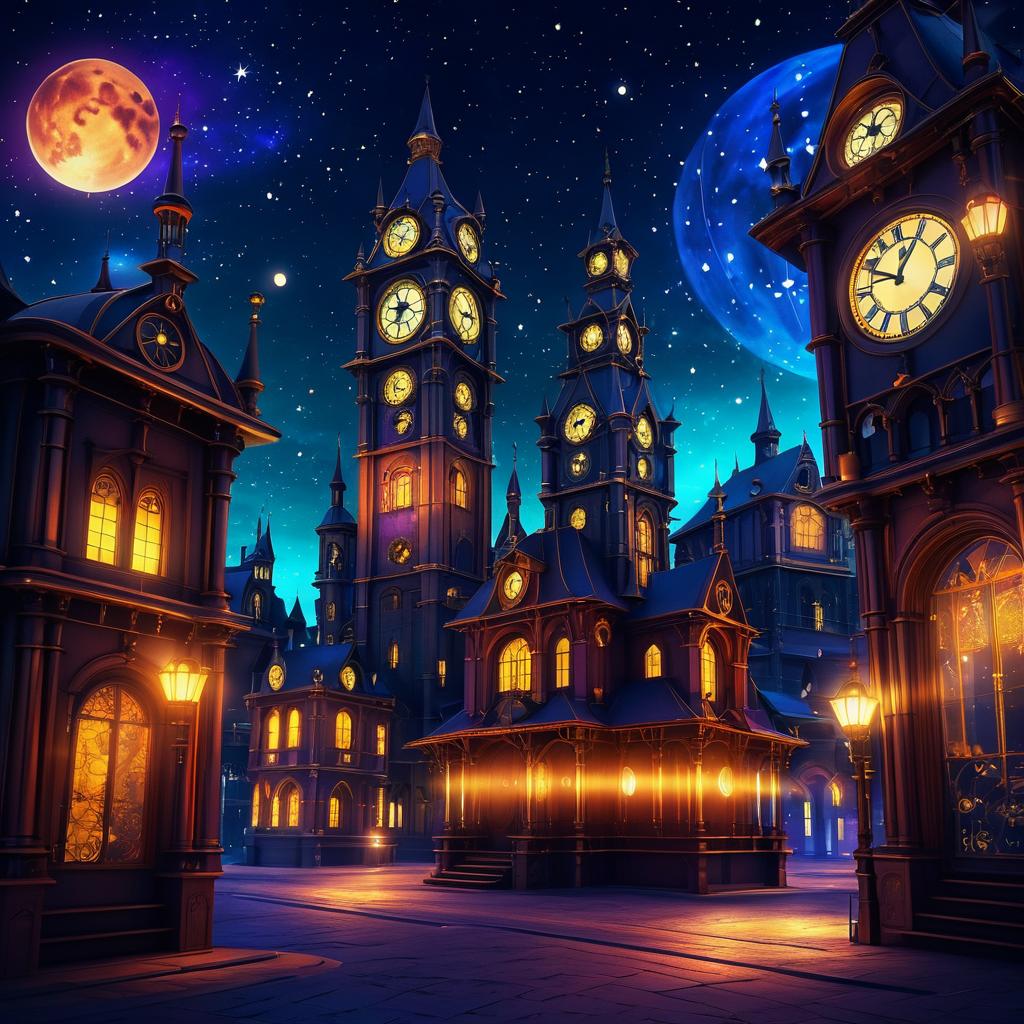 Steampunk Nightscape with Stars and Clock Tower