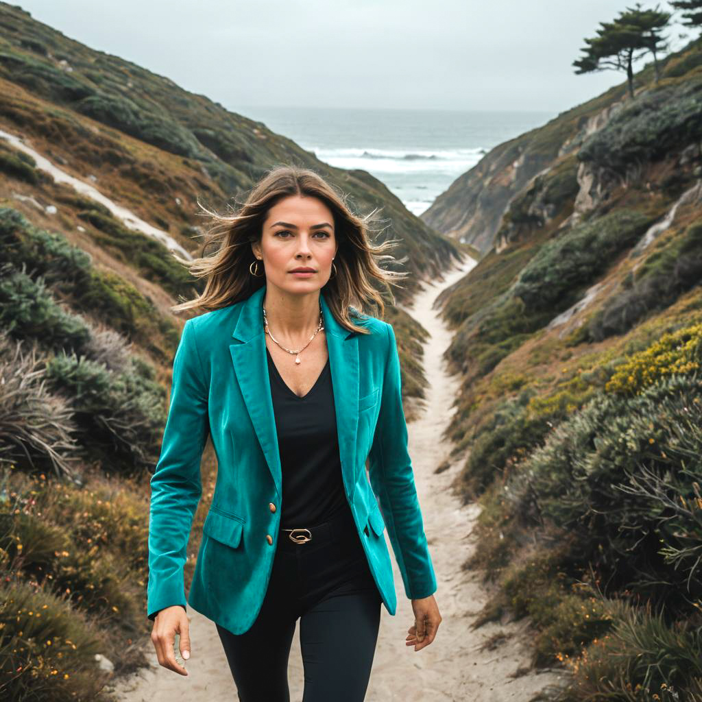 Athletic Woman in Turquoise Velvet Blazer