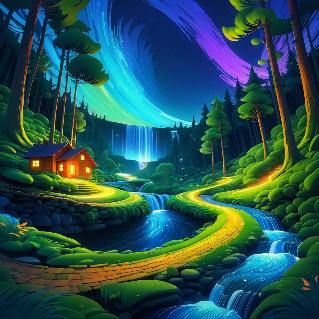 Magical Nightwalk by Waterfall and Forest