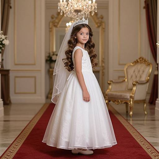 Photograph of a young girl with long curly brown hair, wearing a white satin dress, veil, and tiara, standing in an opulent room