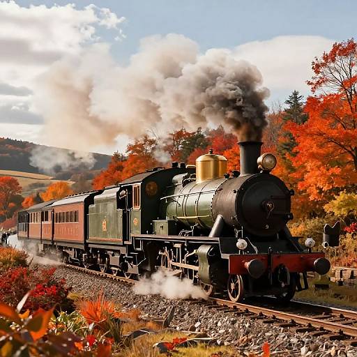 Vintage steam train with black and green locomotive, emitting smoke, travels through vibrant autumn forest with red and orange leaves. Photorealistic photograph.