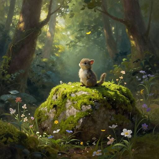 Digital painting of a cute, fluffy, gray-and-white kitten sitting on a mossy rock in a sunlit, enchanted forest, surrounded by colorful wild