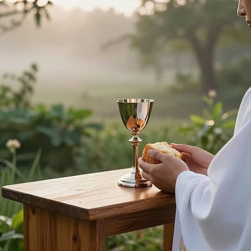 Photograph: Clergy person in white robe, holding bread, beside silver chalice on wooden table, outdoors with greenery and sunlight.