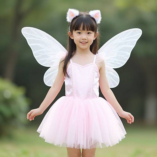 Photograph of an Asian girl with long black hair, wearing a white cat-eared headband, white fairy wings, and a glowing white tulle