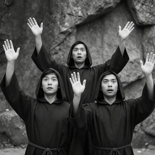 Surprised Trio in Dark Hooded Robes