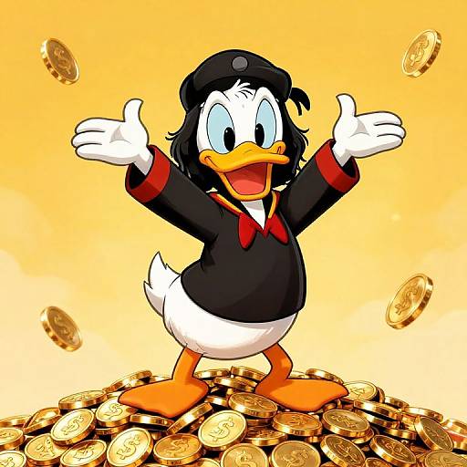 Cartoon duck in black sailor suit, orange beak, and black hat, standing on gold coins, arms raised, thumbs up, smiling, yellow