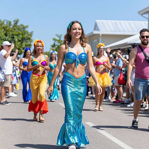 Smiling Woman in Blue Mermaid Costume