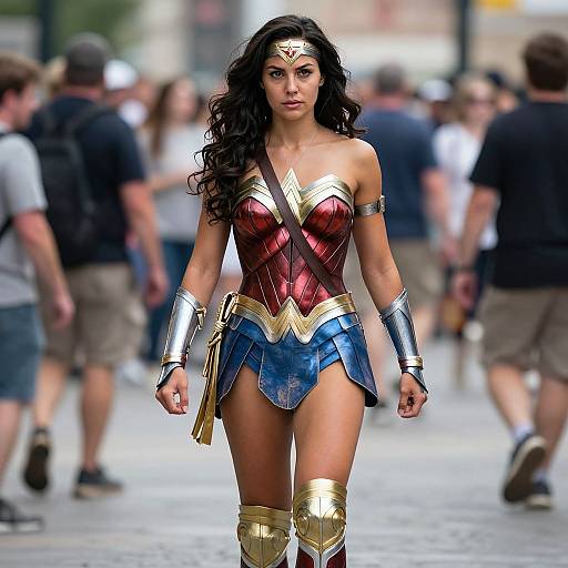 Photograph of a confident woman with long black hair, wearing Wonder Woman's iconic red and blue costume, walking in a busy urban street. Blurred