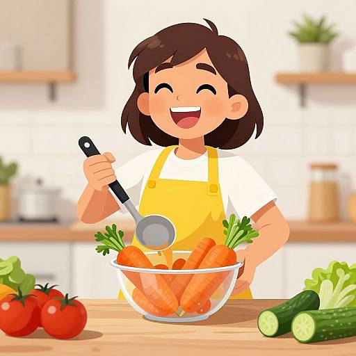 Cartoon girl with brown hair, yellow apron, smiling, holding spoon over bowl of carrots, surrounded by veggies on wooden counter.