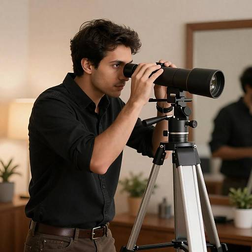 Man Using Telescope Indoors