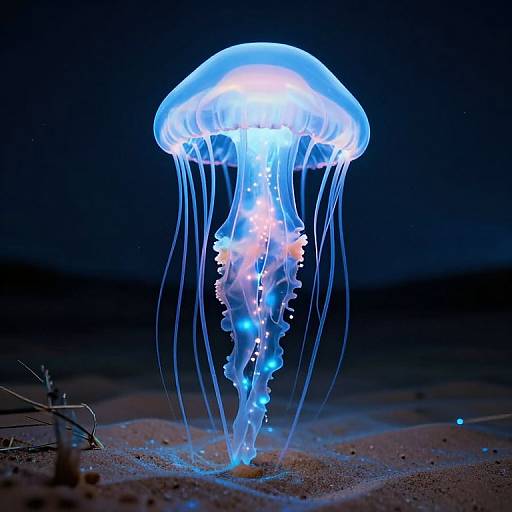 Photograph of a glowing blue jellyfish with translucent, undulating tentacles, floating on a dark sandy ocean floor, illuminated against a deep blue night