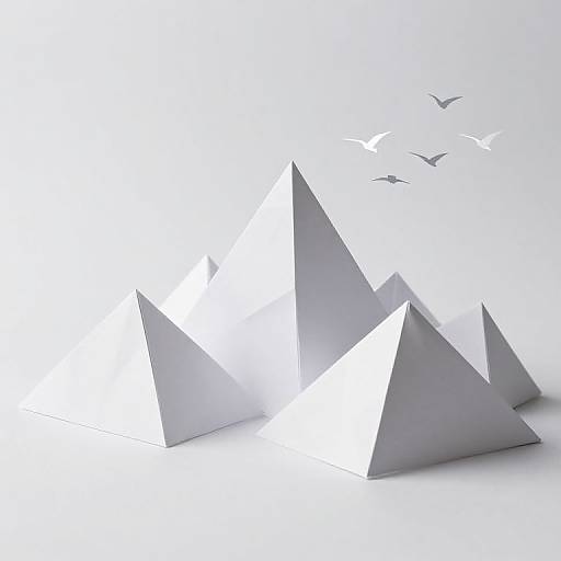 Photograph of white, geometric paper mountains with sharp edges, surrounded by minimalist white background and floating white birds.