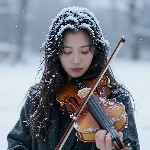 Photograph of an Asian woman with long black hair, snow-dusted, playing a wooden violin in a snowy, blurred winter landscape.