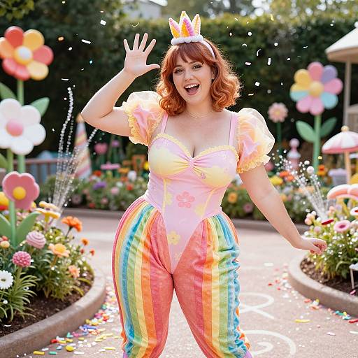 Photograph of a smiling, fair-skinned woman with red curly hair, wearing a pink, rainbow-striped leotard, and a small crown,