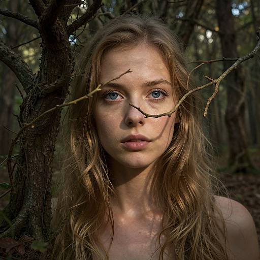 Photograph of a young woman with blue eyes, long wavy blonde hair, and fair skin, standing in a dense forest, with tree branches framing