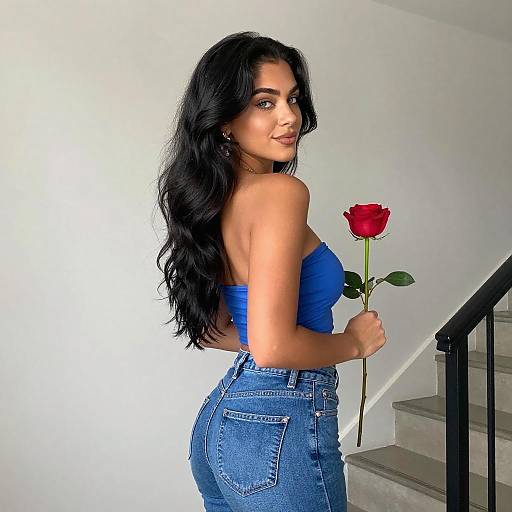Young Woman with Rose and Blue Outfit