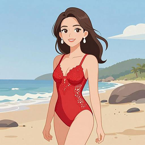 Digital illustration of a smiling Asian woman with long black hair, wearing a red lace one-piece swimsuit, standing on a sunny beach with blue ocean,