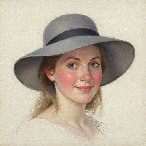 Realistic digital painting of a young woman with fair skin, rosy cheeks, brown hair, wearing a gray wide-brimmed hat, smiling softly