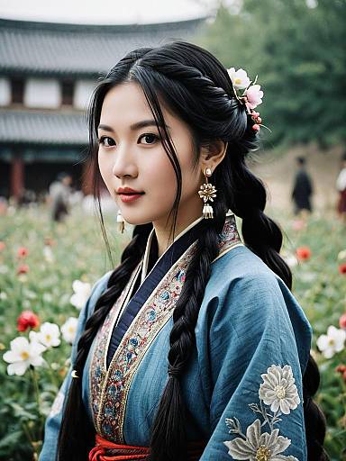 Young Woman in Traditional Korean Hanbok Outdoors