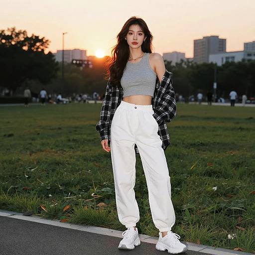 Slim Woman in Casual Streetwear at Sunset