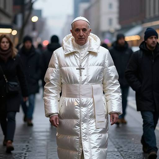 Photograph of elderly man in white puffer coat and skullcap, standing on wet city street, blurred pedestrians in background.