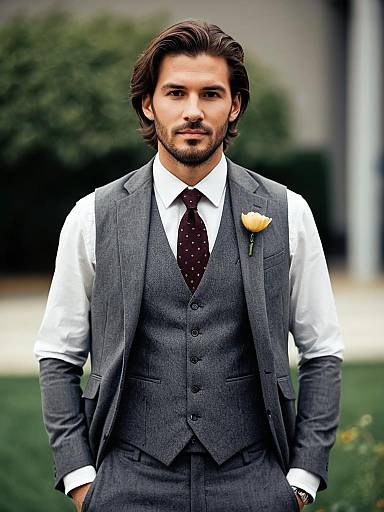 Man in Grey Formal Suit with Flower