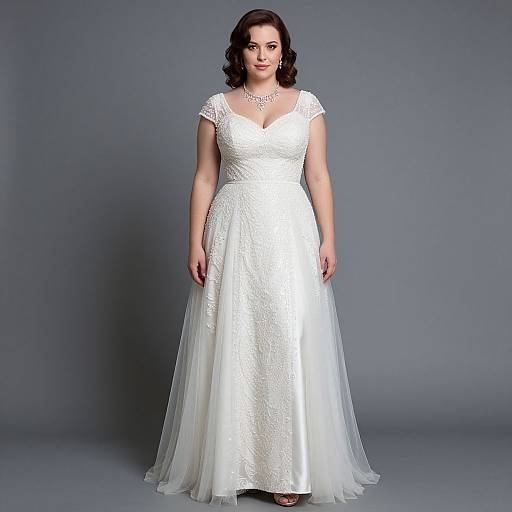 Photograph of a curvy, fair-skinned woman with dark wavy hair, wearing a white, lace-embellished, V-neck wedding