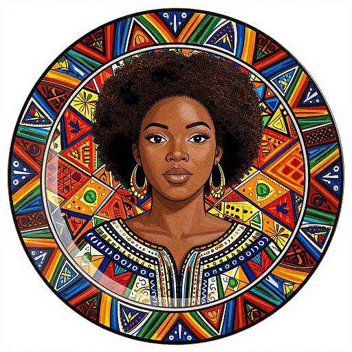 Digital illustration of a beautiful dark-skinned woman with an afro, wearing a colorful, patterned blouse and large hoop earrings, framed in a vibrant