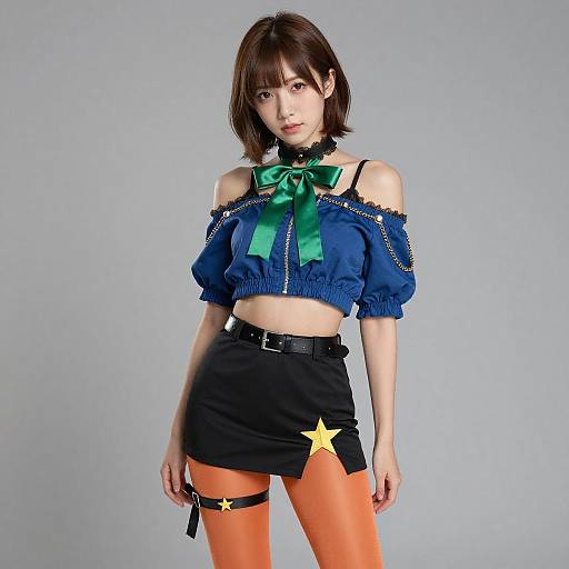 Photograph of an Asian woman with short brown hair, wearing a blue off-shoulder top with green bow, black mini skirt, orange star-pattern
