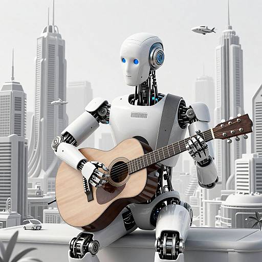 Digital artwork of a white, blue-eyed robot playing an acoustic guitar on a city rooftop with tall skyscrapers and a flying drone.