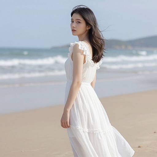Photograph of an Asian woman with long black hair, wearing a flowing white dress, standing on a sunny beach with waves in the background.