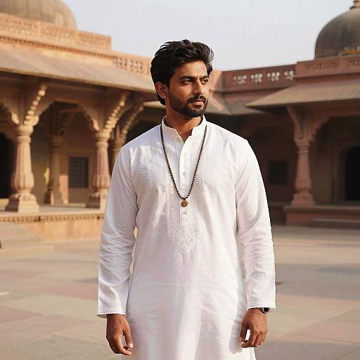 Photograph of a handsome Indian man with dark hair and beard, wearing a white traditional kurta, black necklace, standing in a sunlit courtyard with
