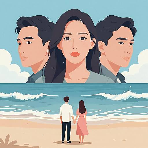 Digital Illustration of Beach Scene with Trio Faces and Couple