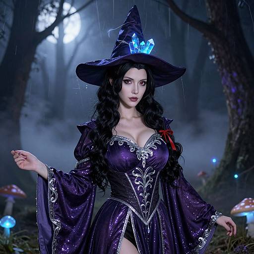 Digital art of a sexy, dark-haired witch in a purple, ornate dress and hat, glowing blue crystal on hat, standing in a misty
