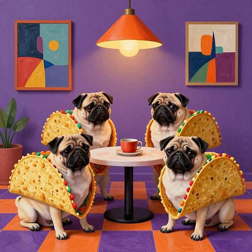 Whimsical Pugs in Colorful Taco Shells